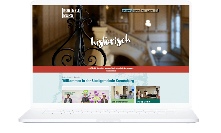 Website der Stadtgemeinde Korneuburg in einem physischen Laptop dargestellt